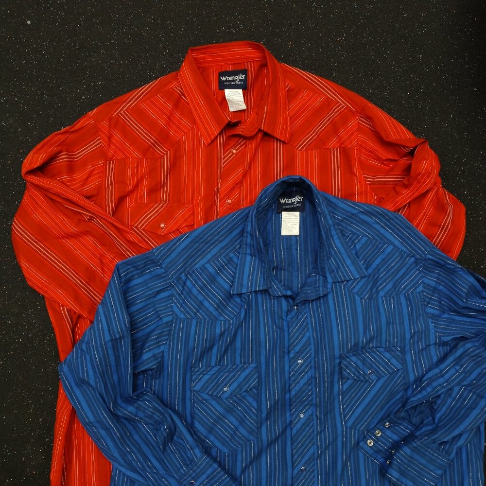 Wrangler XXL Pearl Snap Men's Shirts Blue Red Silver Thread Striped